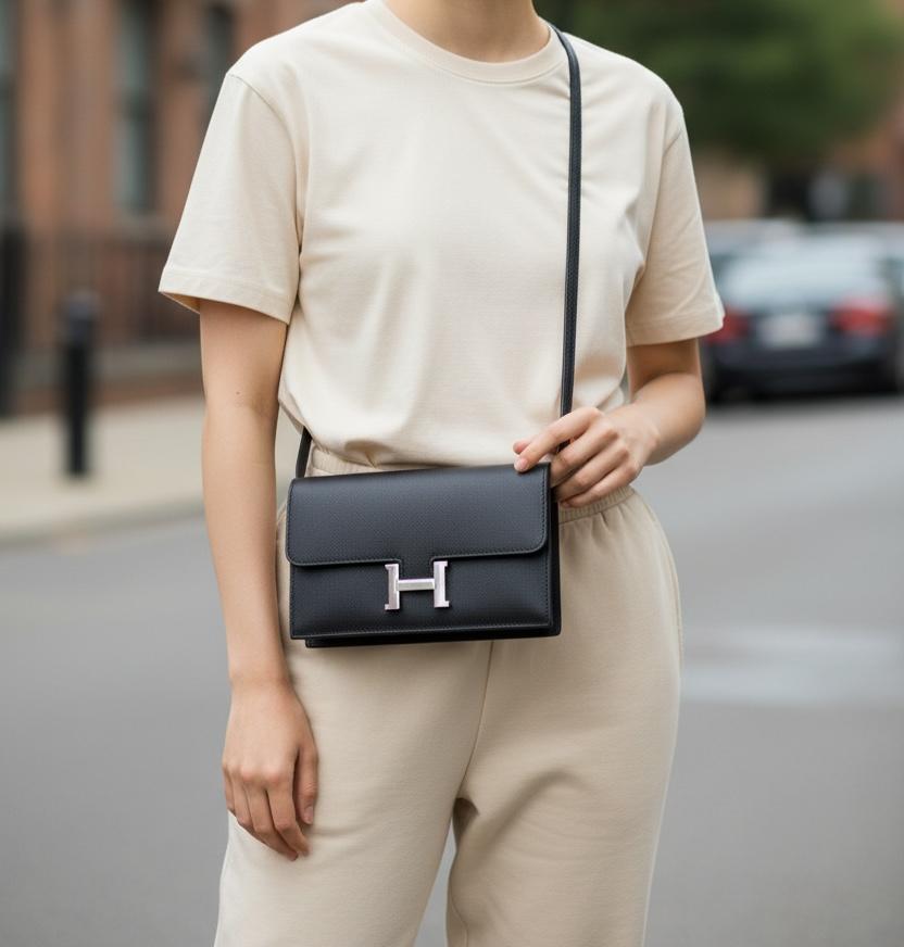 Bandoulière  Hermès noire avec un portefeuille a l'intérieur